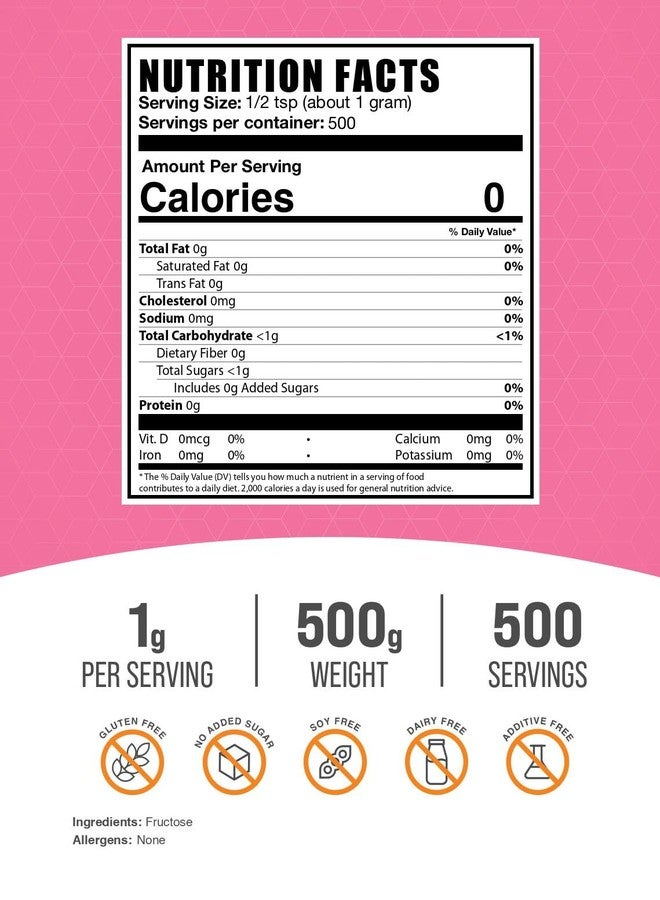BulkSupplements.com Fructose Powder - Fructose Sugar, Zero Calorie Sweetener - Food Grade & Gluten Free, 1g per Serving, 500g (1.1 lbs) (Pack of 1) - Image 2
